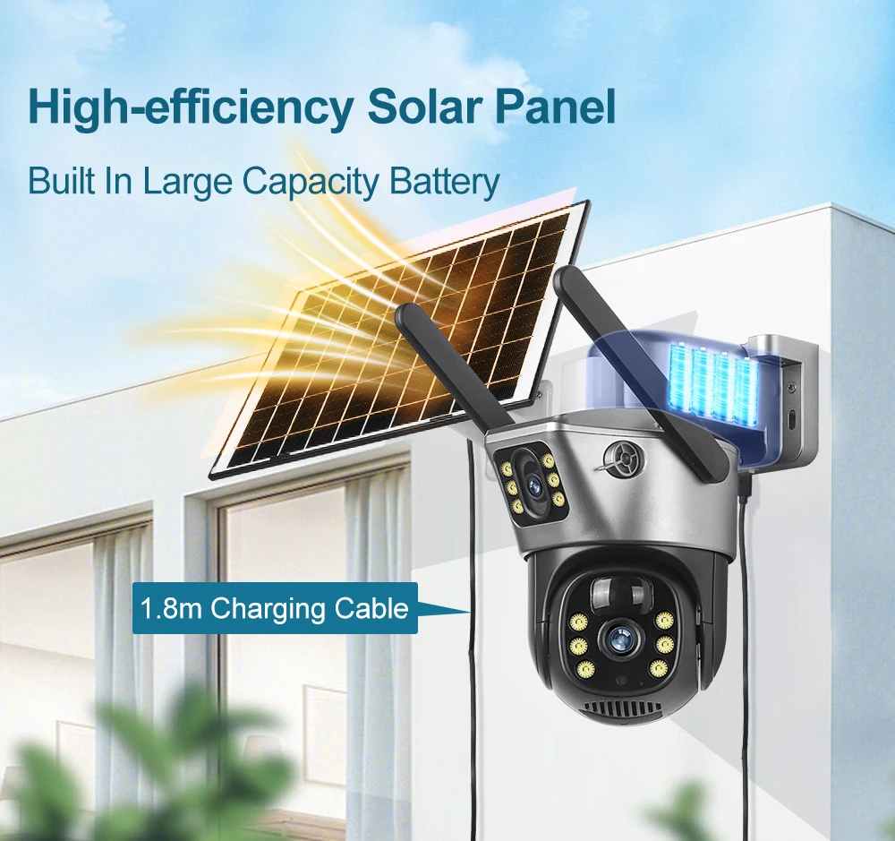 4G / WiFi Solar Camera Dual Lenses Outdoor 8MP 4K Low Power Battery IP Camera PIR Night Vision V380 Pro CCTV Security Protection