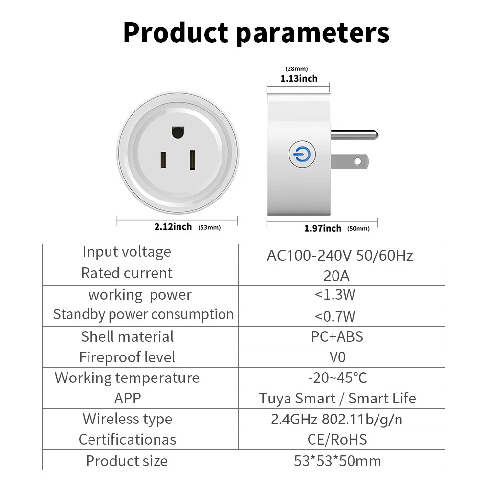 Tuya Smart Plug WiFi Socket 20A with Power Monitoring US Canada Mexico Peru Japan Timing Voice Control Support Alexa Google Home
