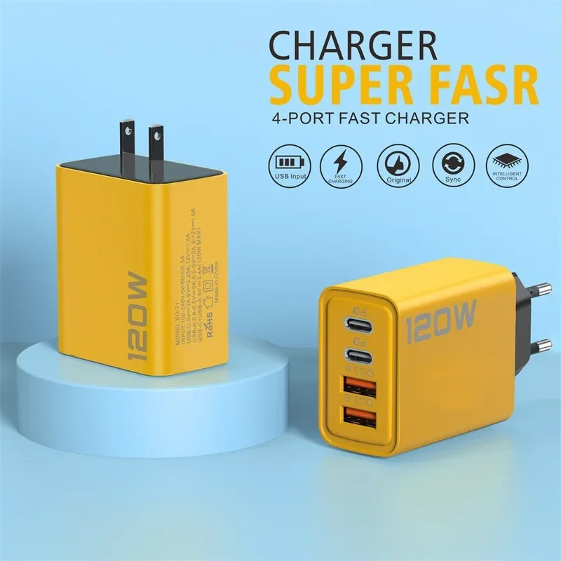 120W 3.0 USB fast phone charger type C quick charge charging adapter for iPhone 15 14 13 Samsung Xiaomi 2 PD 4 ports EU/US plug