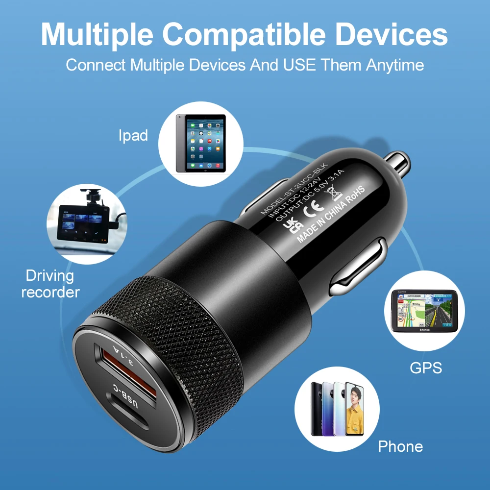 3.1A Dual USB Car Charger QC3.0 Fast Charging PD Phone Charger Auto Cigarette Lighter Adapter 12-24V For iPhone Xiaomi Huawei