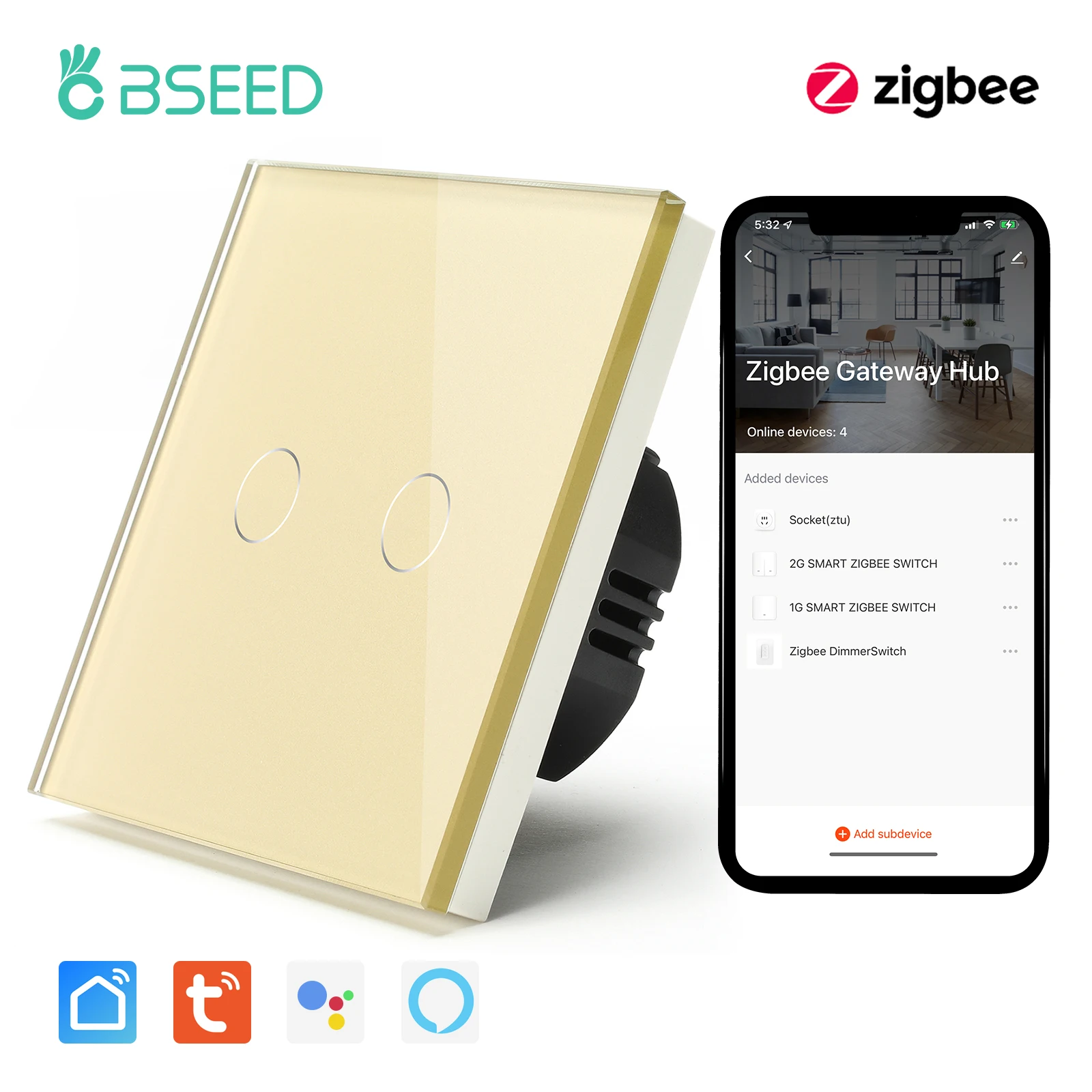 BSEED Zigbee Touch Switch Glass 1/2/3Gang Smart Light Switch Tuya Wireless Controller via Google Smart Life Alexa App No Neutral