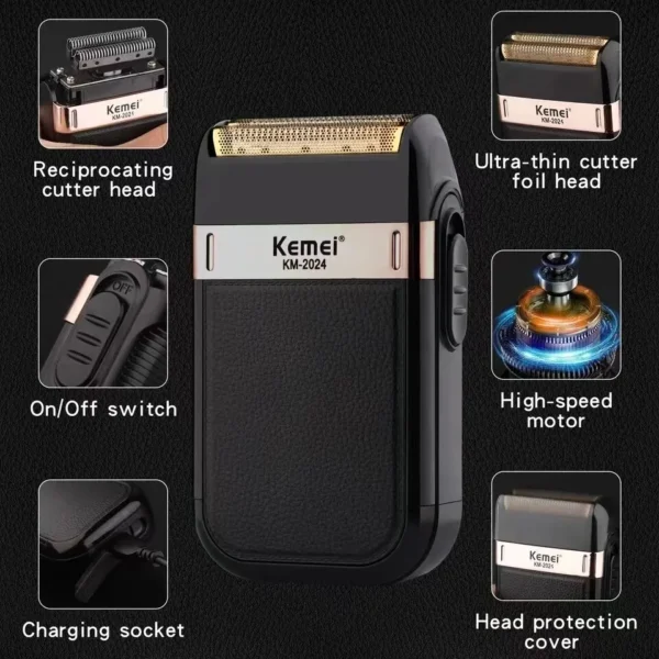 Kemei KM-2024 Electric Shaver Professional USB Rechargeable Men's Electric Shaver Leather Shell Waterproof Beard Trimmer Shaver