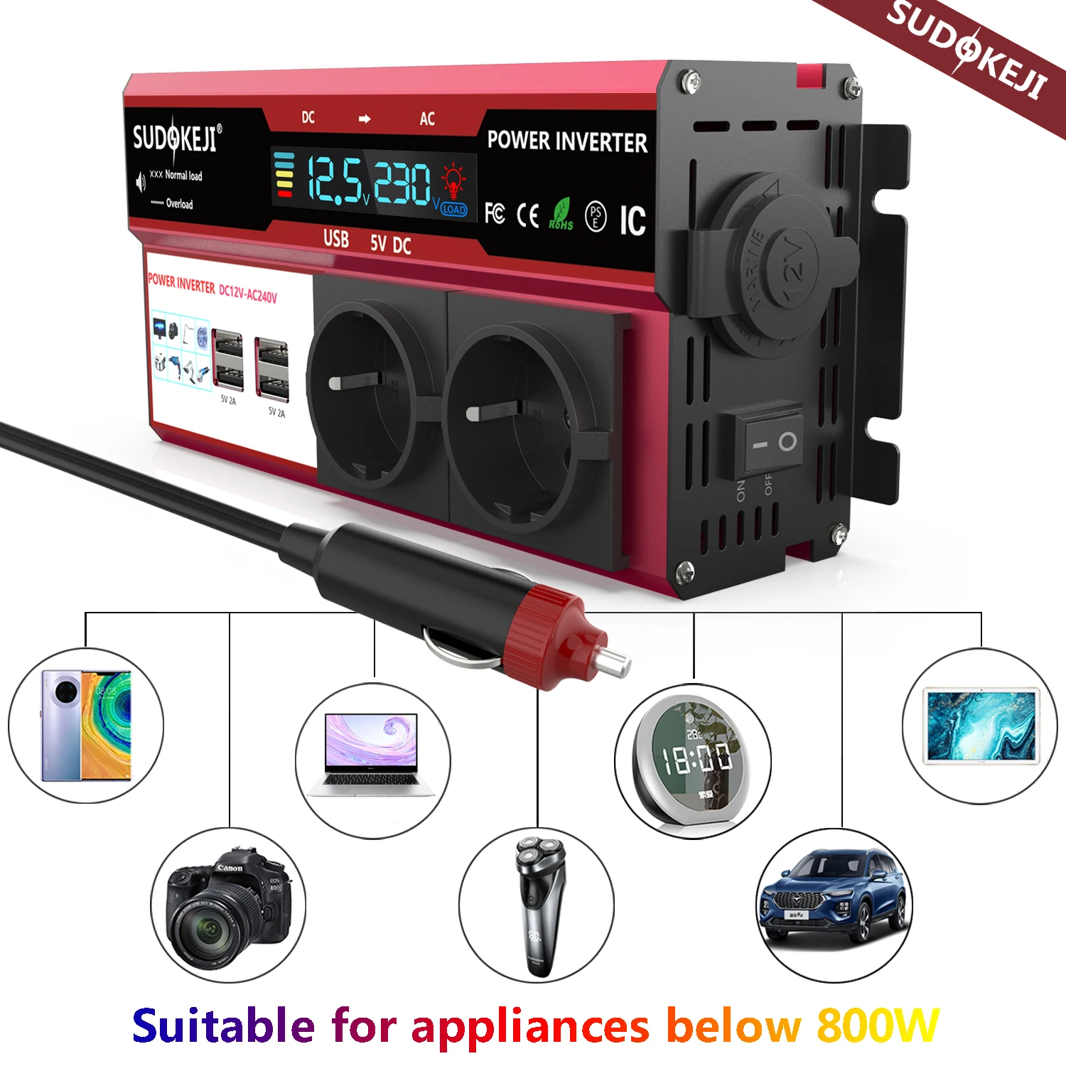 SUDOKEJI 3000W 4000W (MAX POWER)Power Inverter for Car Inverter RV Boat 500W 800W DC 12V 24V To 120V 220V EU US UK Global Socket