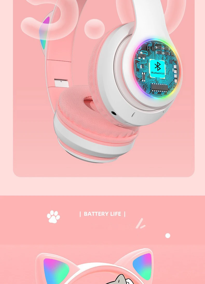 Cat Ears Headphones Flash Light Wireless With MIC Control LED Kid Girl Stereo Cute Music Helmet Bluetooth Phone Headset Earphone