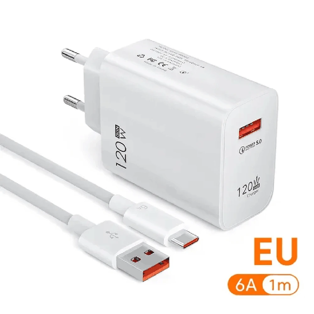 USB Charger 120W Quick Charge EU/US Plug Phone Charger Adapter For iPhone Samsung Xiaomi Huawei Type C Cable Fast Charge Charger