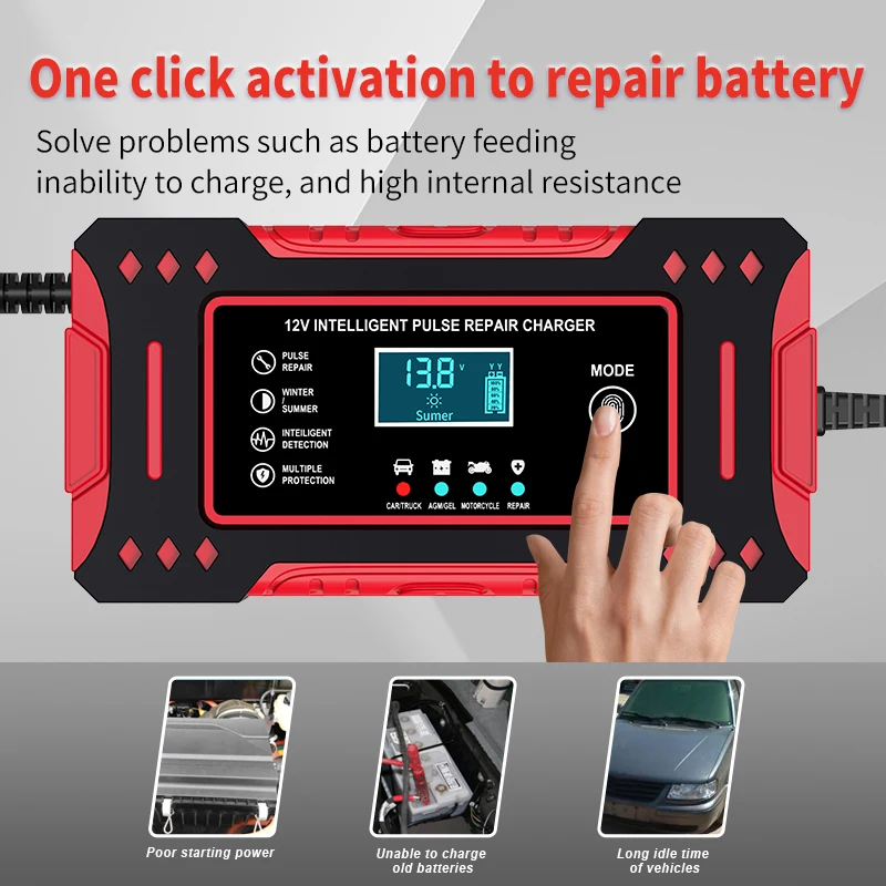 6A 12V Intelligent Car Battery Charger Car and Motorcycle Battery Charging Unit Lead-Acid Battery Repair LCD Display