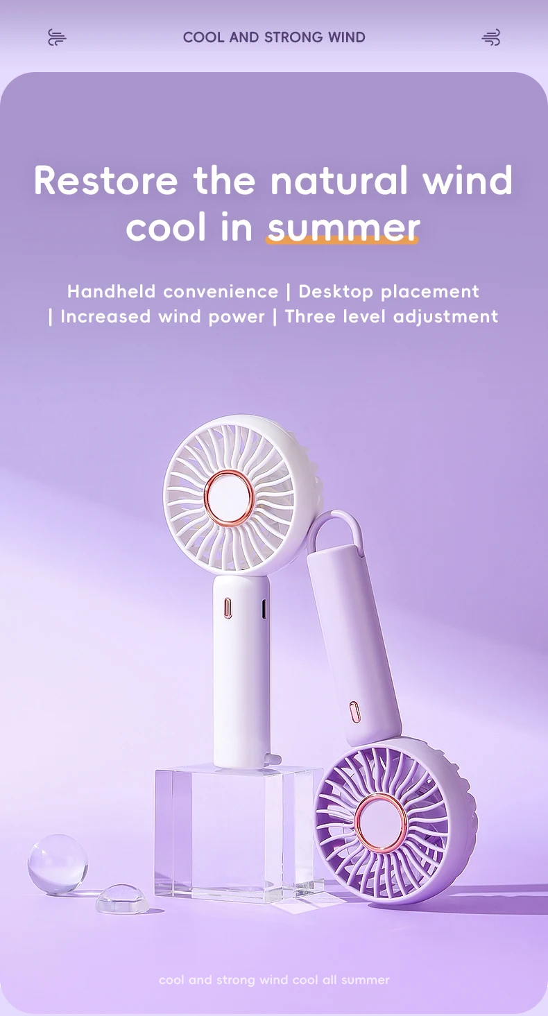 Mini Portable Fan Cute Design 3 Speed Personal Handheld  Desktop with Standing Ring Lightweight USB Rechargeable