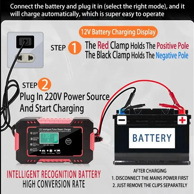 Car Battery Charger 12V Pulse Repair LCD Display Smart Fast Charge AGM Deep Cycle GEL Lead-Acid Charger For Auto Motorcycle
