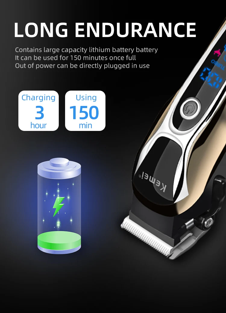 Kemei Professional Hair Clipper Rechargeable Trimmer Men Electric Cutter Hair Cutting Machine LCD Cordless Beard Trimmer KM-1990