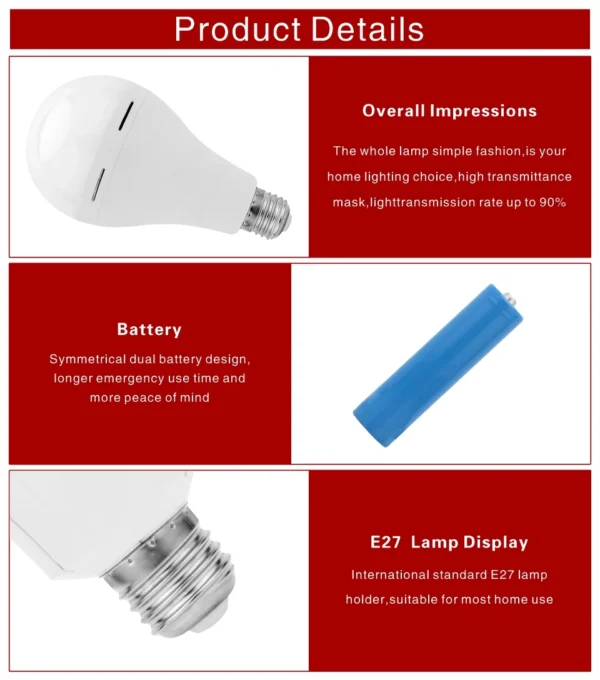 LED Rechargeable Light Bulb 7w 9w 12w 15w 1200mAh 85-265V Emergency Bulb for Home Power Failure Camping Tent Porch Garden Lamp