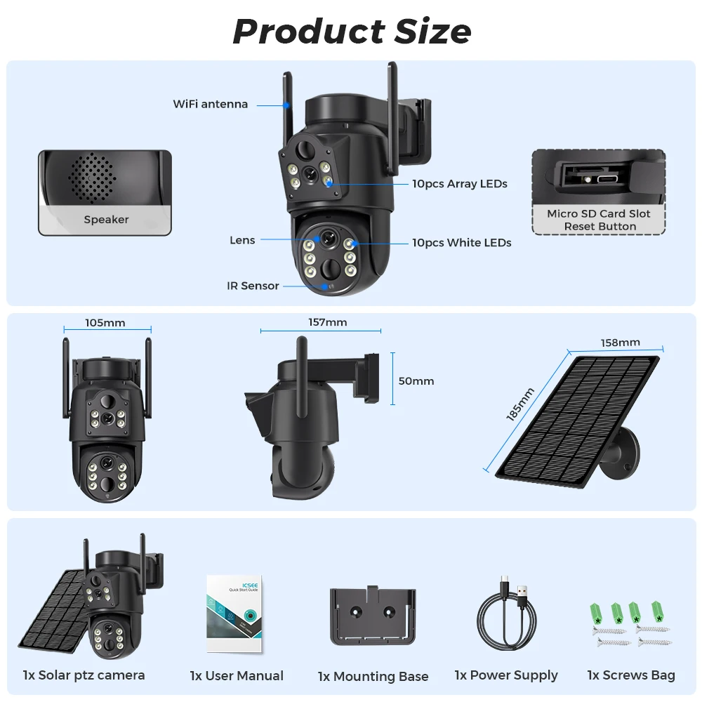 4K HD Solar WiFi Camera Outdoor Built-in Battery Dual Lens 2K Security Camera Solar Panel Wireless Video Surveillance CCTV iCSee