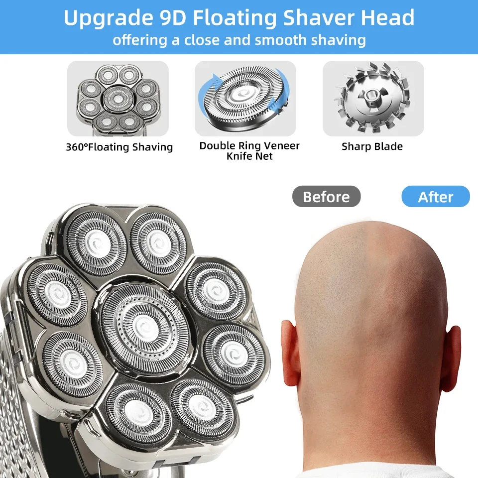 6 in 1 Professional men Waterproof electric shaver with 9 Cutter Floating Head, USB Rechargeable Multifunction Grooming Kit