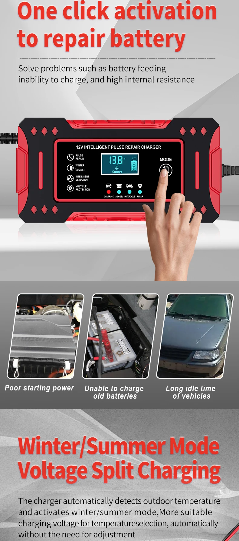 6A 12V Intelligent Car Battery Charger Car and Motorcycle Battery Charging Unit Lead-Acid Battery Repair LCD Display