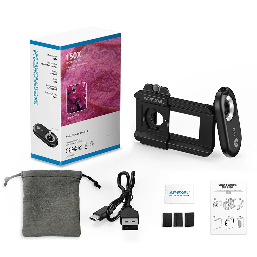 APEXEL New Upgrated 100X-200X Microscope Lens  3in 1Phone Camera Lens Kit Macro Lenses with LED Light for almost All Smartphone