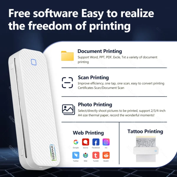 Inkless Portable A4 Thermal Printer Bluetooth PDF Excel Word Document Printing Machine Paper Roll For Office Work Home School