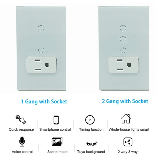 Wifi Smart Tuya Light Switch Stairs Mexico US Wall Socket American Plug Outlet Intelligent Glass Panel Remote Alexa Google Home