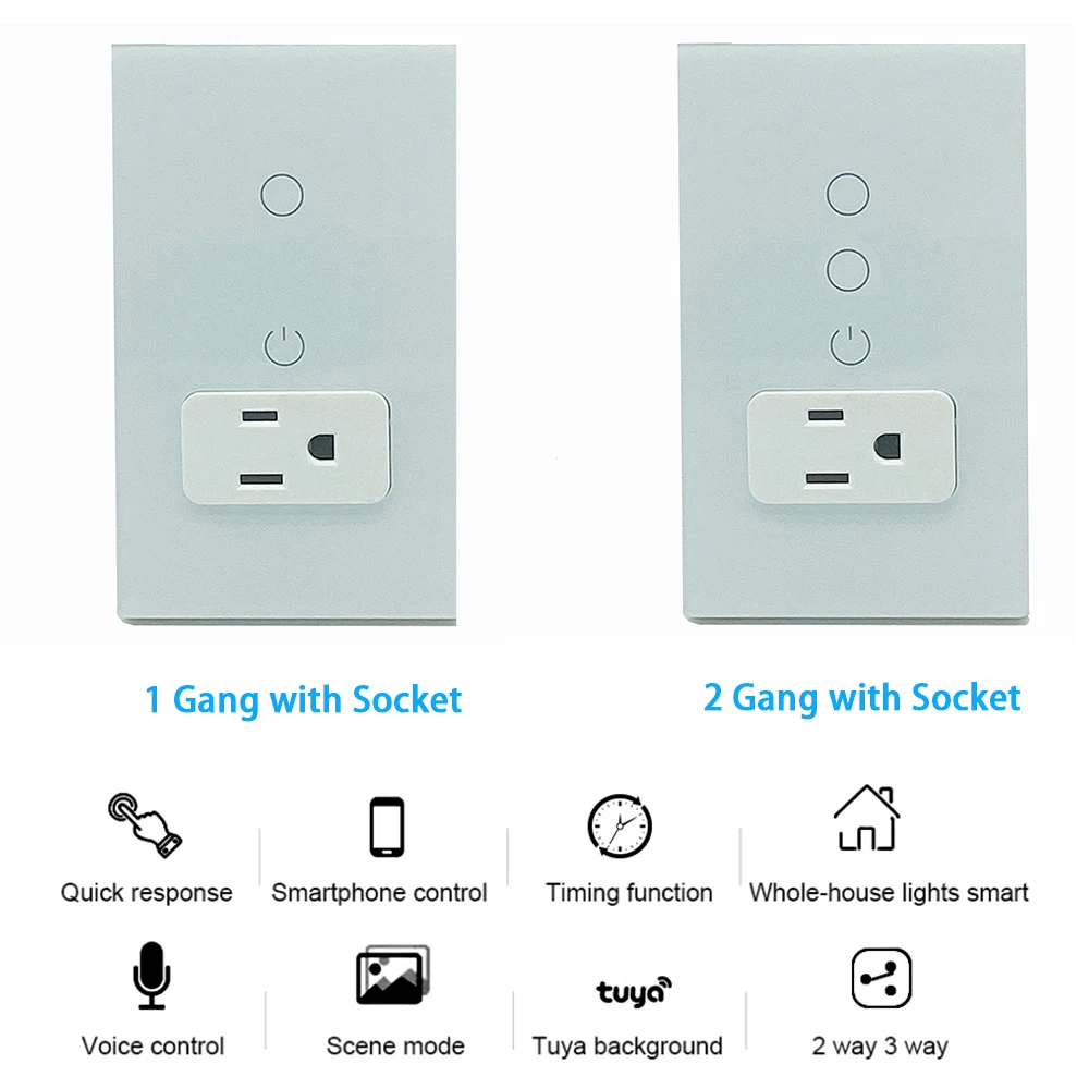 Wifi Smart Tuya Light Switch Stairs Mexico US Wall Socket American Plug Outlet Intelligent Glass Panel Remote Alexa Google Home