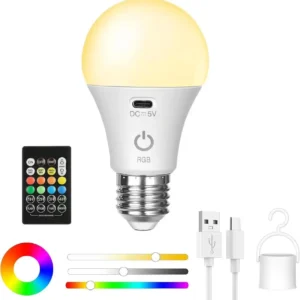 Rechargeable Light Bulb with Remote Control Dim & RGB, Timer, E27 Base,Backup Emergency Light for Home or Outdoor