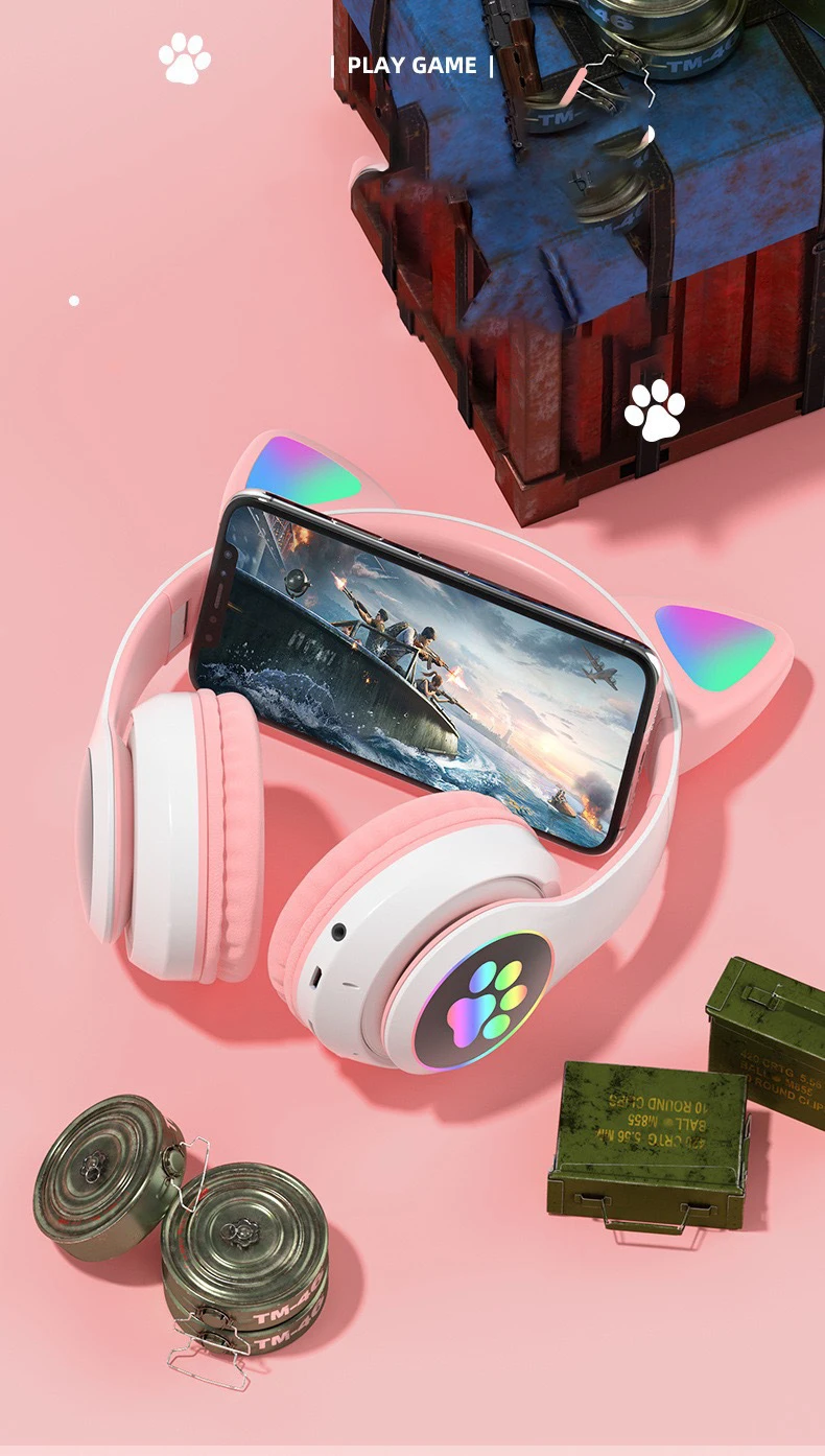 Cat Ears Headphones Flash Light Wireless With MIC Control LED Kid Girl Stereo Cute Music Helmet Bluetooth Phone Headset Earphone