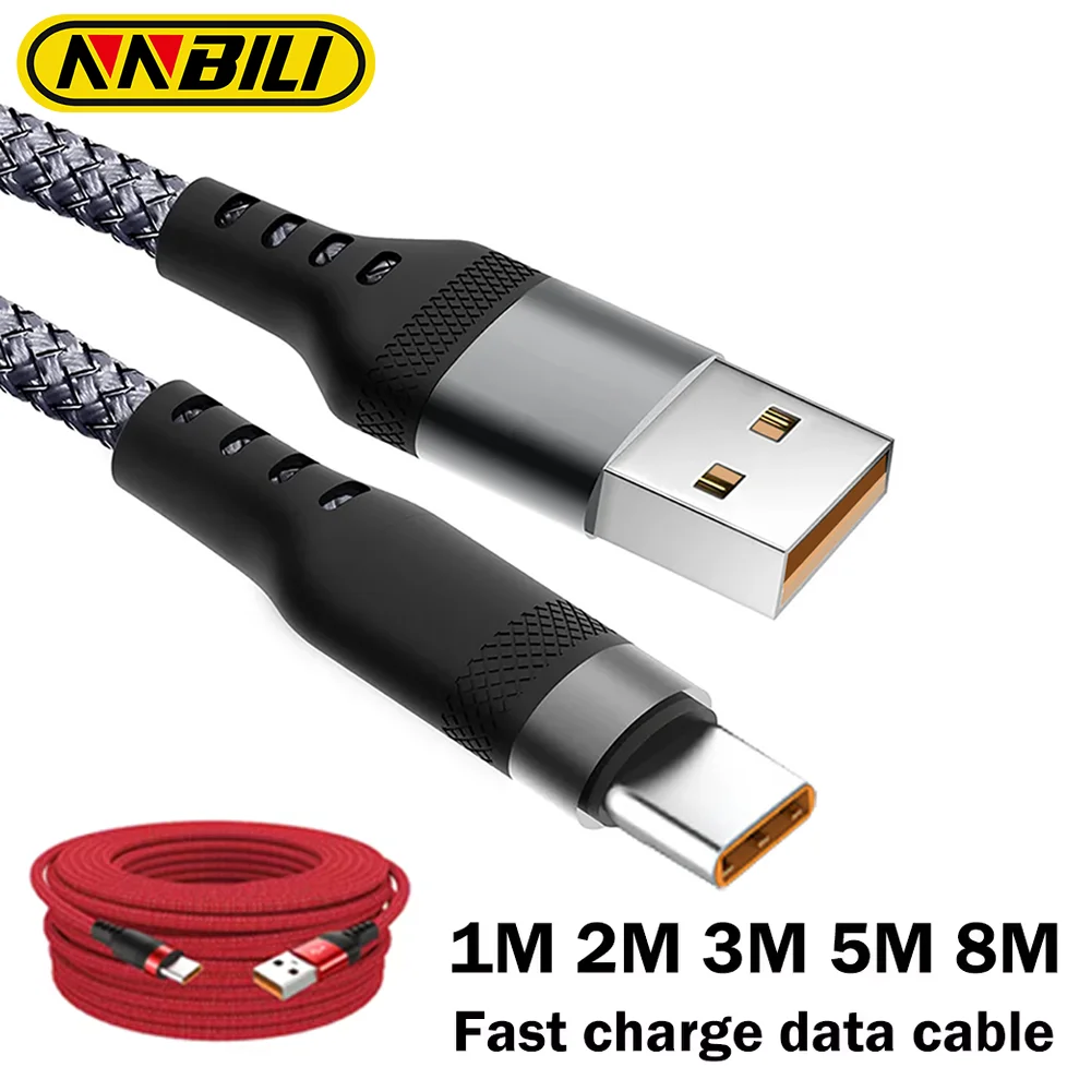 NNBILI 6A Verlengde Usb TYPE-C Kabel Gevlochten Cbale For Samsung Huawei Xiaomi Switch Sony Ps5 TYPE-C 8M 5M 3M 2M 1.5M 1M Kabel