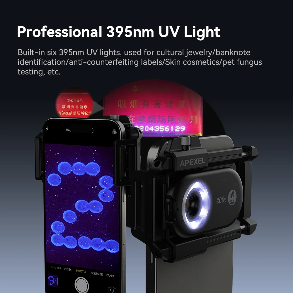 APEXEL New Upgrated 100X-200X Microscope Lens  3in 1Phone Camera Lens Kit Macro Lenses with LED Light for almost All Smartphone