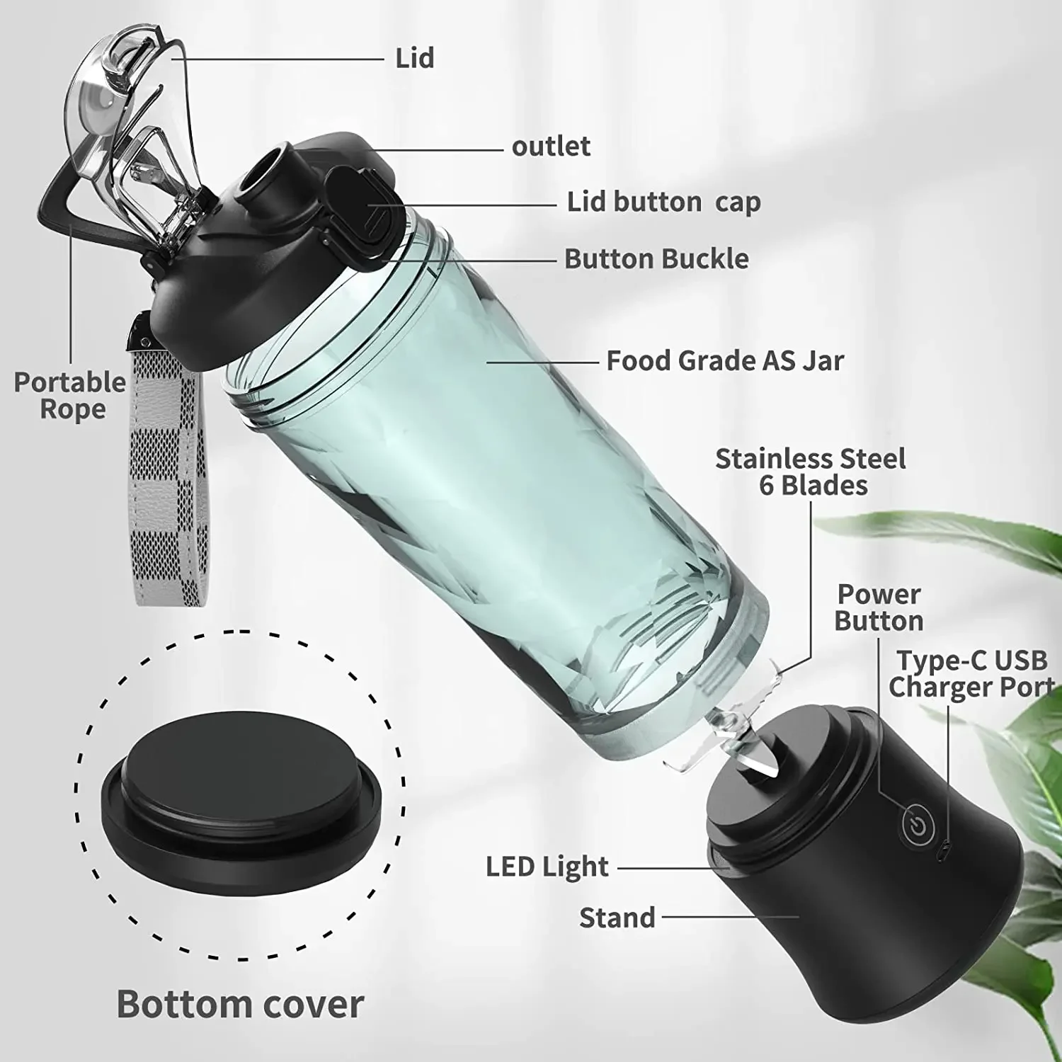New Portable Blender 600ML Electric Juicer Fruit Mixers 4000mAh USB Rejected Smoothie Mini Blender Personal Juicer colorf