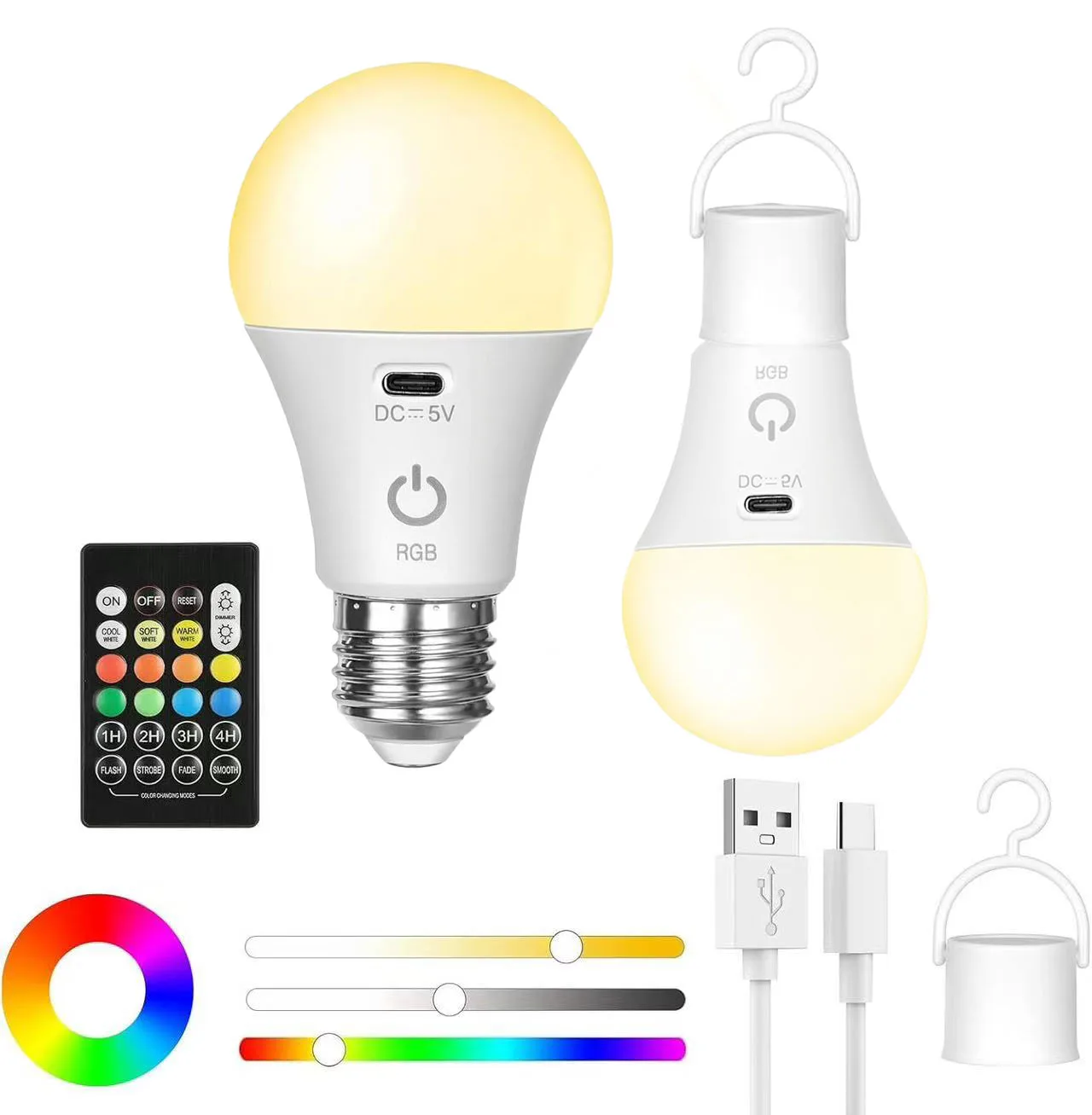 Rechargeable Light Bulb with Remote Control Dim & RGB, Timer, E27 Base,Backup Emergency Light for Home or Outdoor