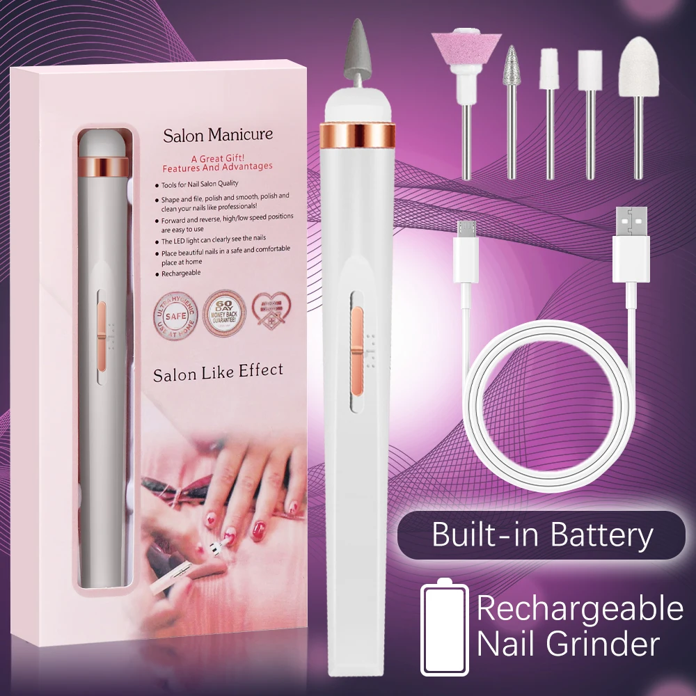 Electric Nail Polish Drill Set Machine With Light Multiple Gears Portable With Battery Electric Manicure Art Tools