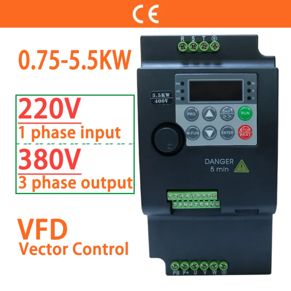 Input 220V to Output 380V VFD Variable Frequency Drive Converter Inverter 0.75/1.5/2.2/3.7/4/5.5 KW Motor Speed Controller