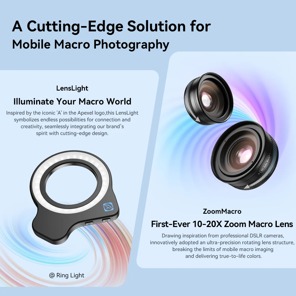 APEXEL 10-20X Zoom Macro Lens HD Micro Phone Camera Lenses with LED Fill Light for iPhone Samsung all Smartphones Eyelash Macro