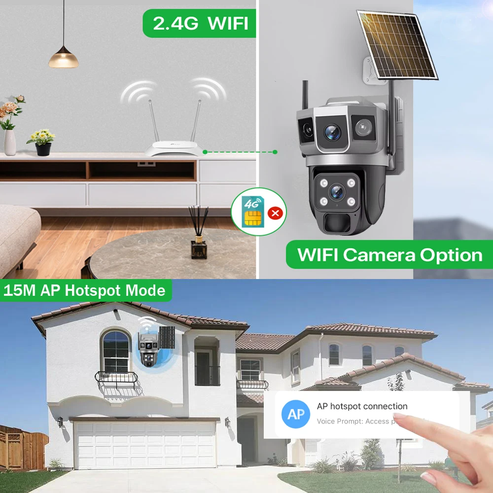 Dual Lens Three Screens WIFI Solar Camera 12MP 10X Zoom CCTV Outdoor Automatic Tracking Humanoid Detection Support PTZ IP66 Cam