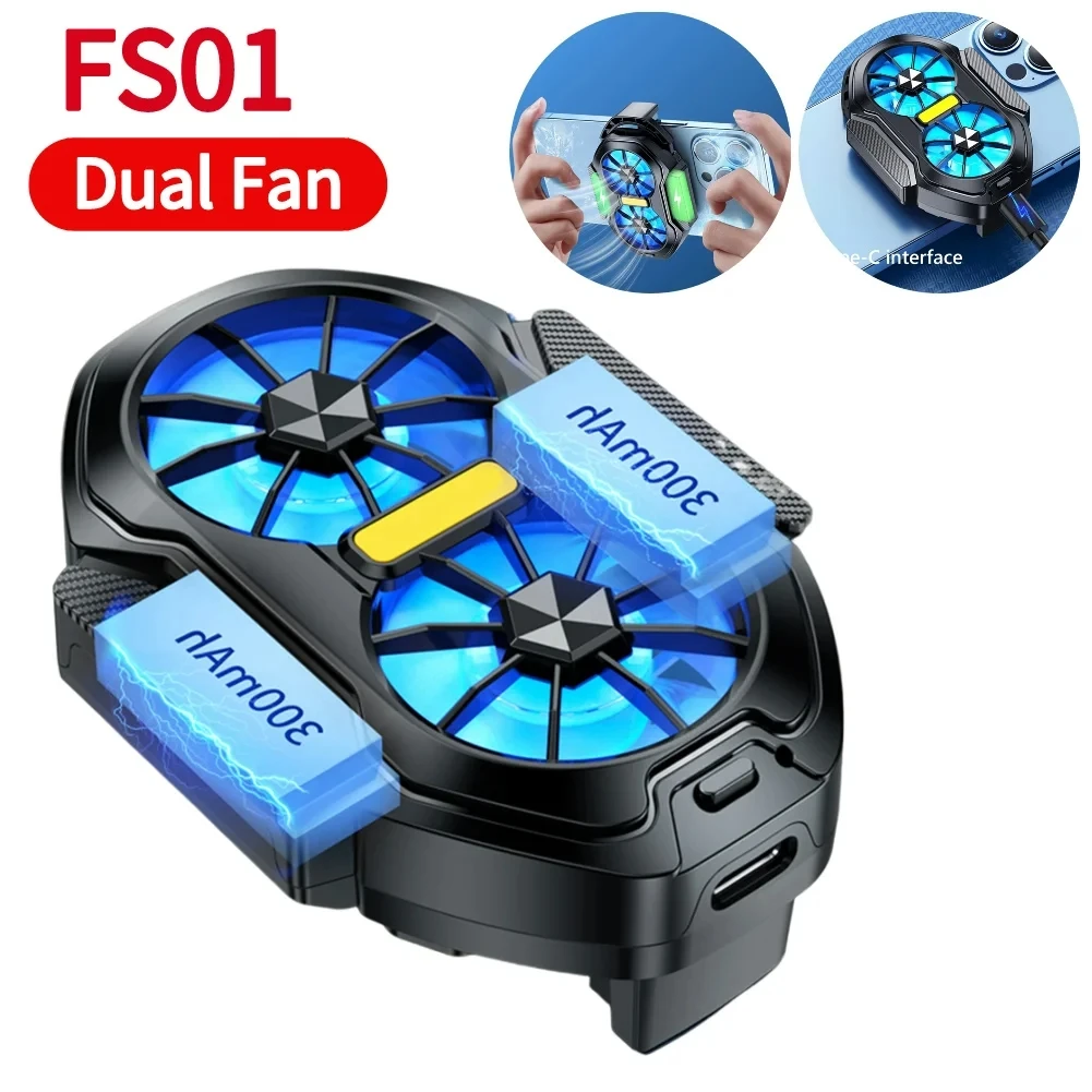 S3e75e63f4b154e61a5d0f59aaebaec20z.webp FS01 Dual Fan Mobile Phone Cooler Long Lasting Stronger Cooling Air Cooling Rechargeable Portable Type-C for IOS Android Game