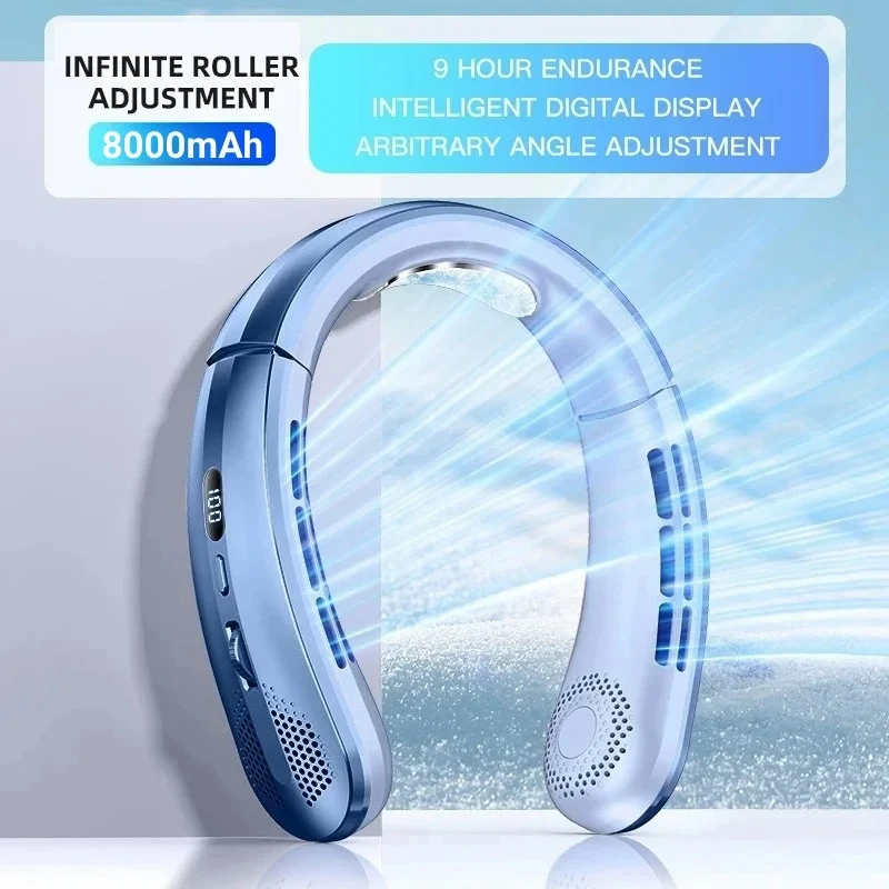 Xiaomi 8000mAh USB Hanging Neck Fan Portable Bladeless Mini Rechargeable Mute LED Digital Display Electric Fans Air Cooler New
