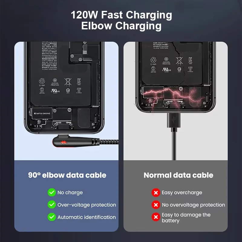 NNBILI 120W fast charging USB to Type-C cable, nylon braided, 90 ° elbow design with high power output suitable for Huawei oppo