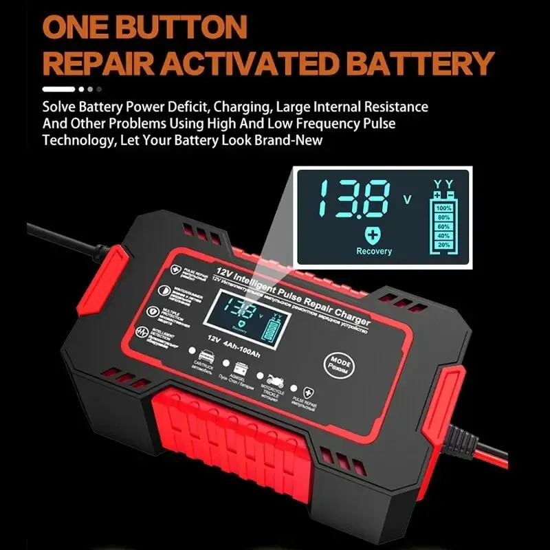 Car Battery Charger 12V Pulse Repair LCD Display Smart Fast Charge AGM Deep Cycle GEL Lead-Acid Charger For Auto Motorcycle