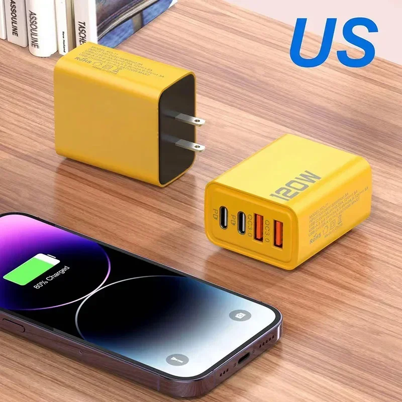 120W 3.0 USB fast phone charger type C quick charge charging adapter for iPhone 15 14 13 Samsung Xiaomi 2 PD 4 ports EU/US plug