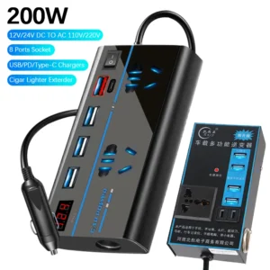 S445eaf7f8cee432dadf75aa6db2f7772r.webp DC 12V/24V to AC 110V/220V Converter USB/PD/Type-C Chargers 200W 8 Ports Sockets ON/OFF Switch Power Adapter Car Inverter QC 3.0