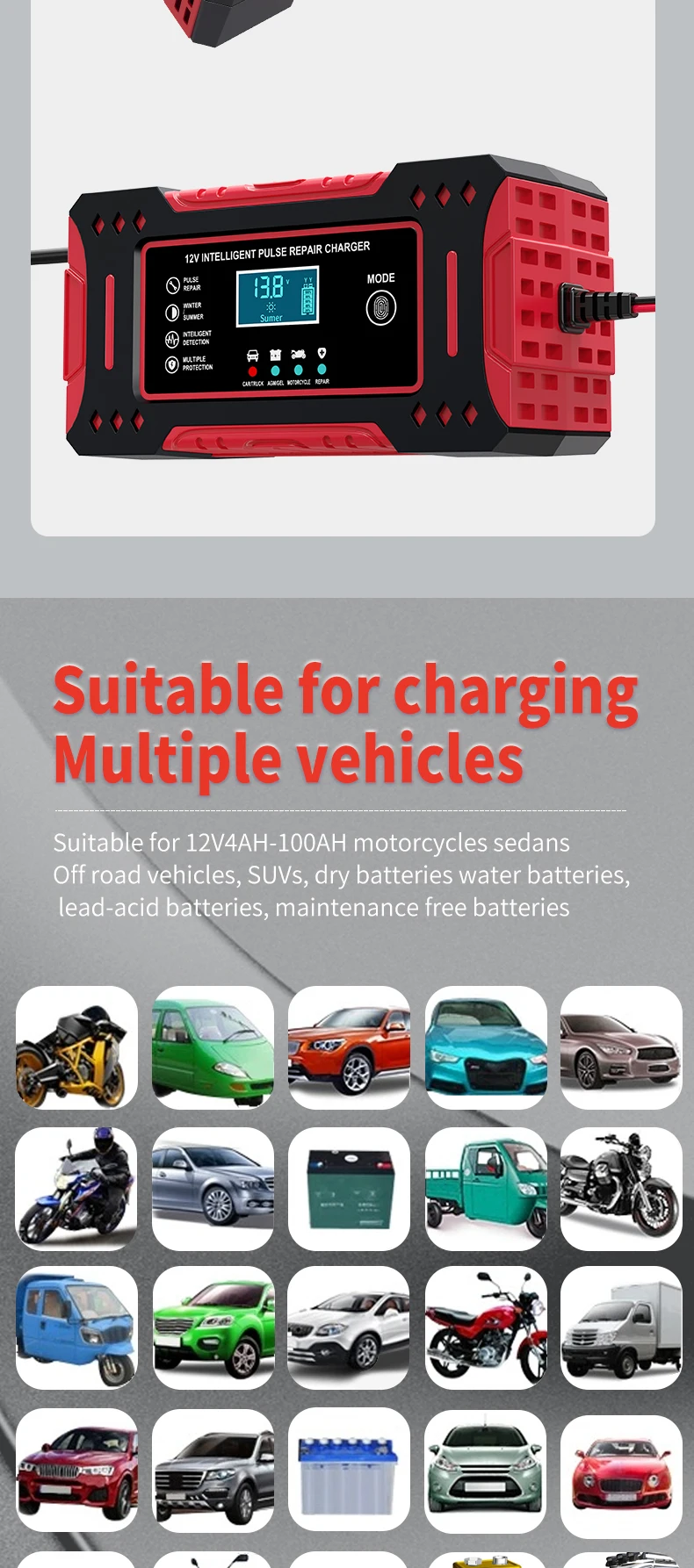 6A 12V Intelligent Car Battery Charger Car and Motorcycle Battery Charging Unit Lead-Acid Battery Repair LCD Display