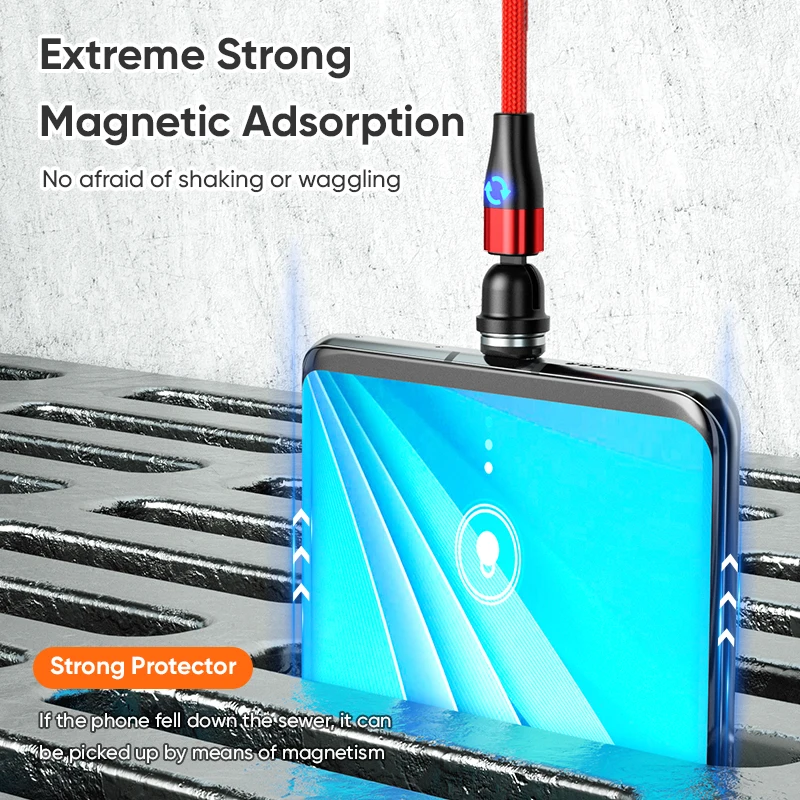 Magnetic Micro USB Type C Charging Cable for Xiaomi Samsung Huawei POCO Redmi 3 in 1 540 Rotate LED Magnetic Cable for iPhone