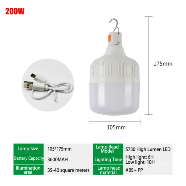 Portable LED Camping Lantern Rechargeable 60W/80W/200W Lamp Bulb High Bright Outdoor Emergency Lighting Fishing Tent Night Light