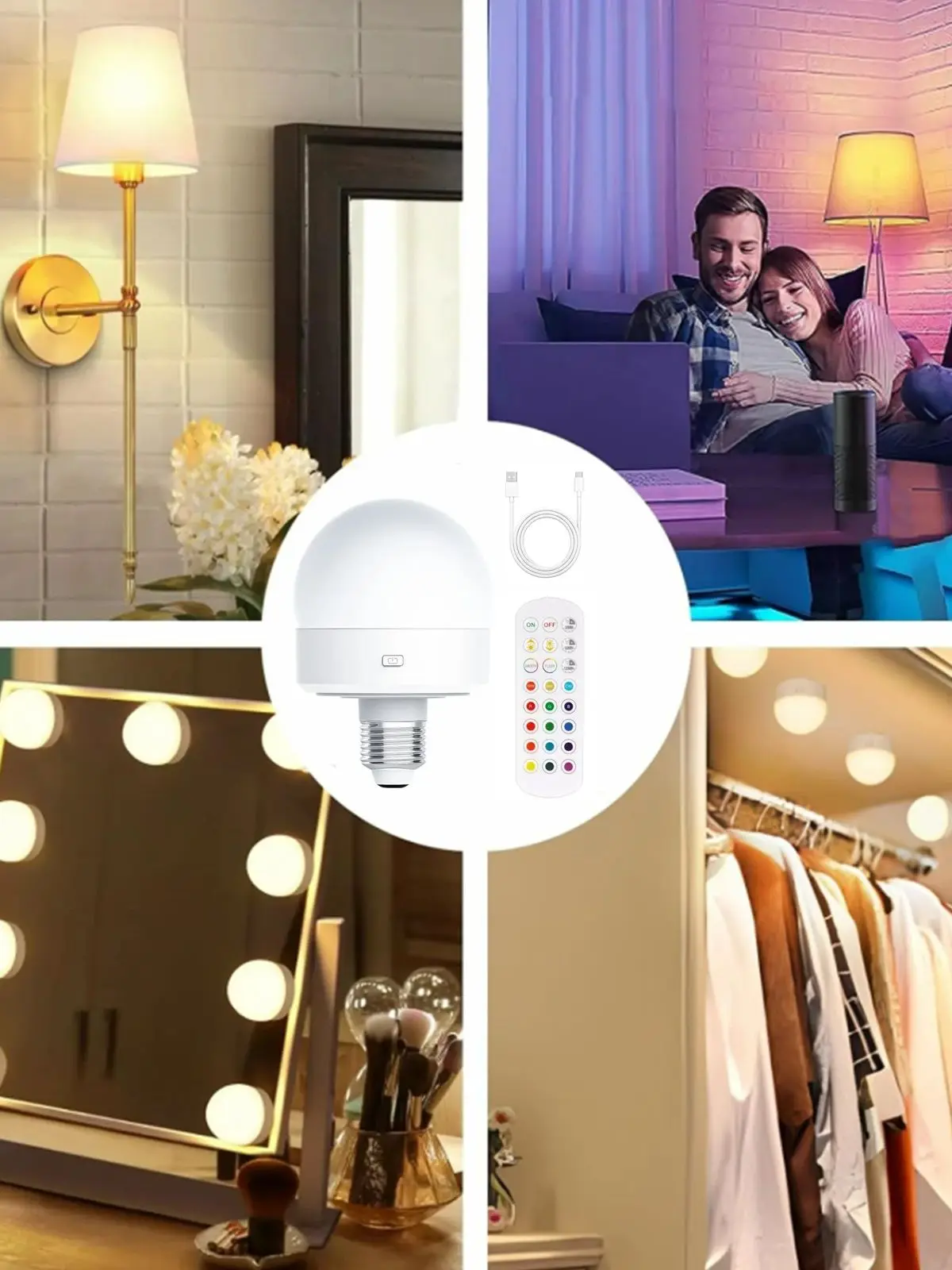 HPH Rechargeable Light Bulbs Remote Control Battery Operated Light Bulb with Timer, Dimmable, 3 Color Temperatures