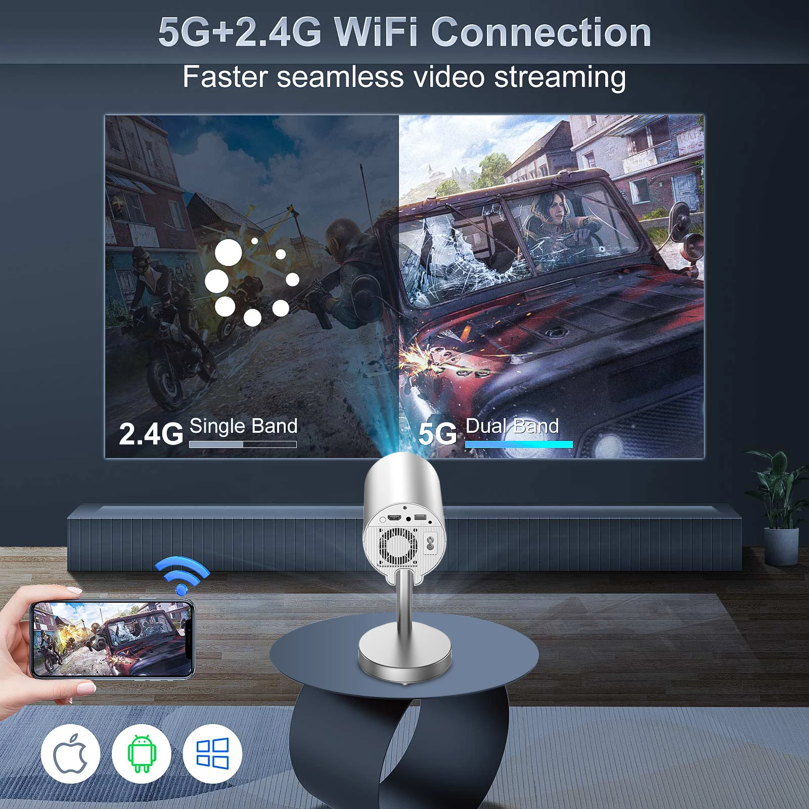 Salange X5 Mini Projector with Built-in Adjustable Stand Physical 720P Support 1080P Android Smart Beamer with Wifi Bluetooth