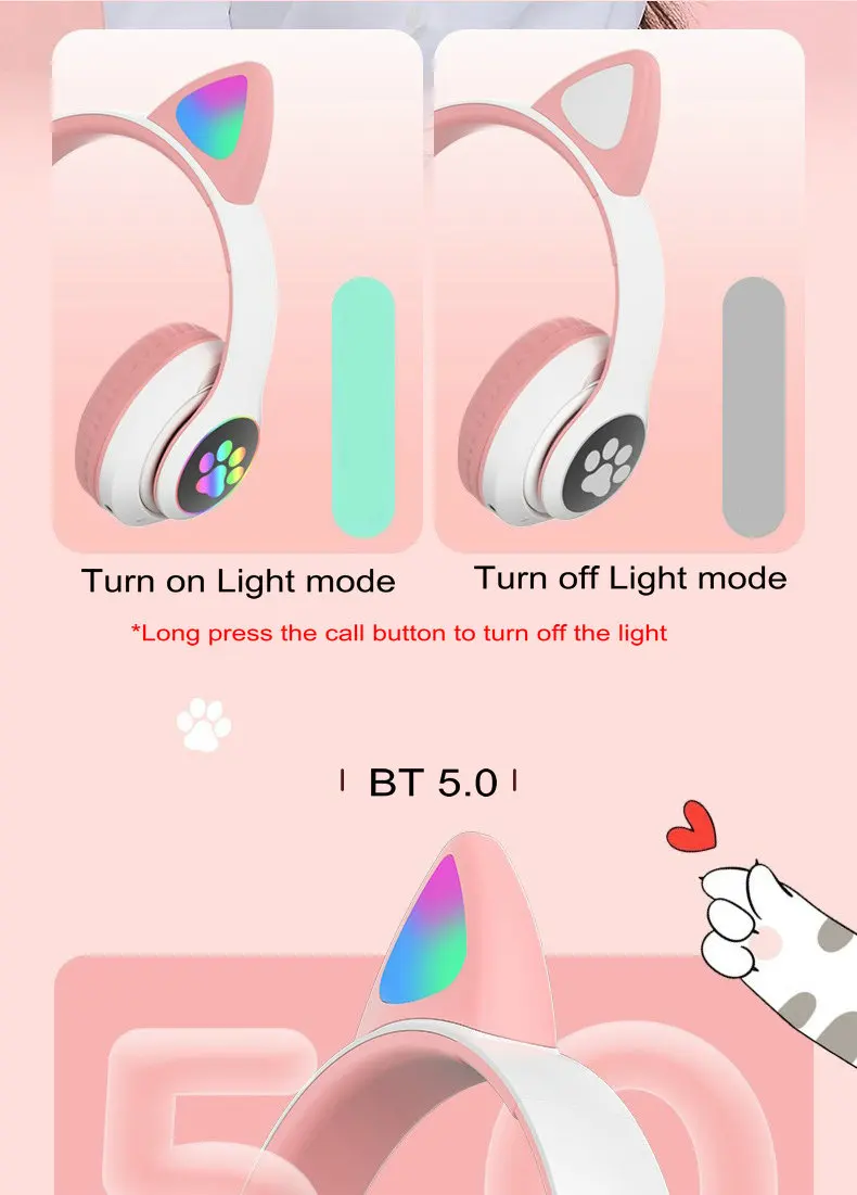 Cat Ears Headphones Flash Light Wireless With MIC Control LED Kid Girl Stereo Cute Music Helmet Bluetooth Phone Headset Earphone