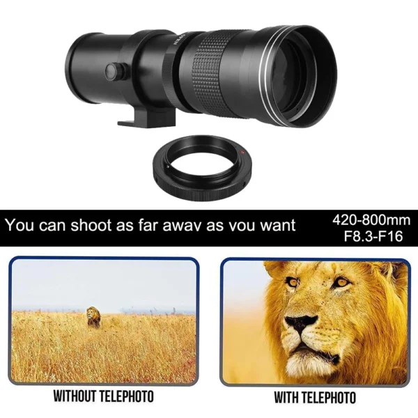 Lightdow Super Telephoto Manual Zoom Lens 420-800mm F8.3-16 With T2 Ring Adapter for Sony Canon Nikon Pentax Olympus Cameras