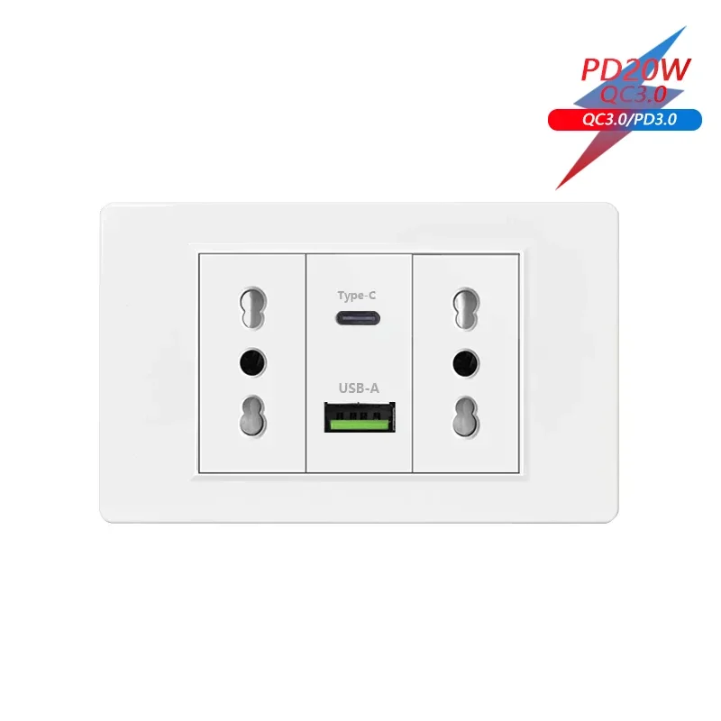 Italy Chile  Standard Outlet with USB Smart Type-c 20W Fast Charging, Dual USB Wall Socket Chile Plug Plastic Panel Light Switch