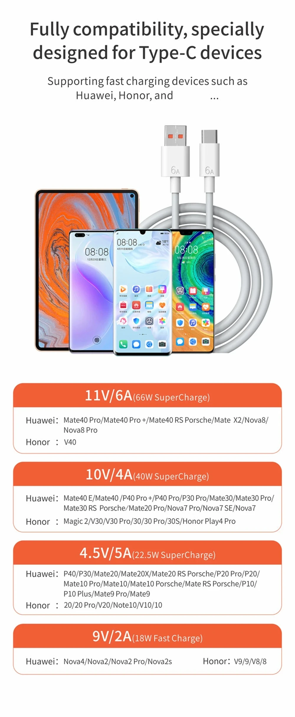6A 66W Super Fast EU Wall Charger For Huawei Mate 40 50 60 P50 Nova 8 9 10 Honor 90 100 X7 X8 X9 Magic Type C Charging USB Cable
