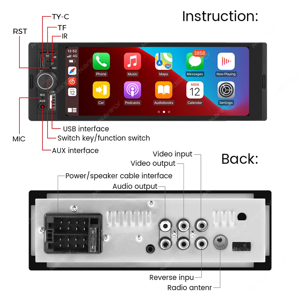 1DIN Universal MP5 6.86-Inch Car Radio Support Wireless Carplay Android AUTO AUX USB SWC BT Touch Screen Multimedia Video Player
