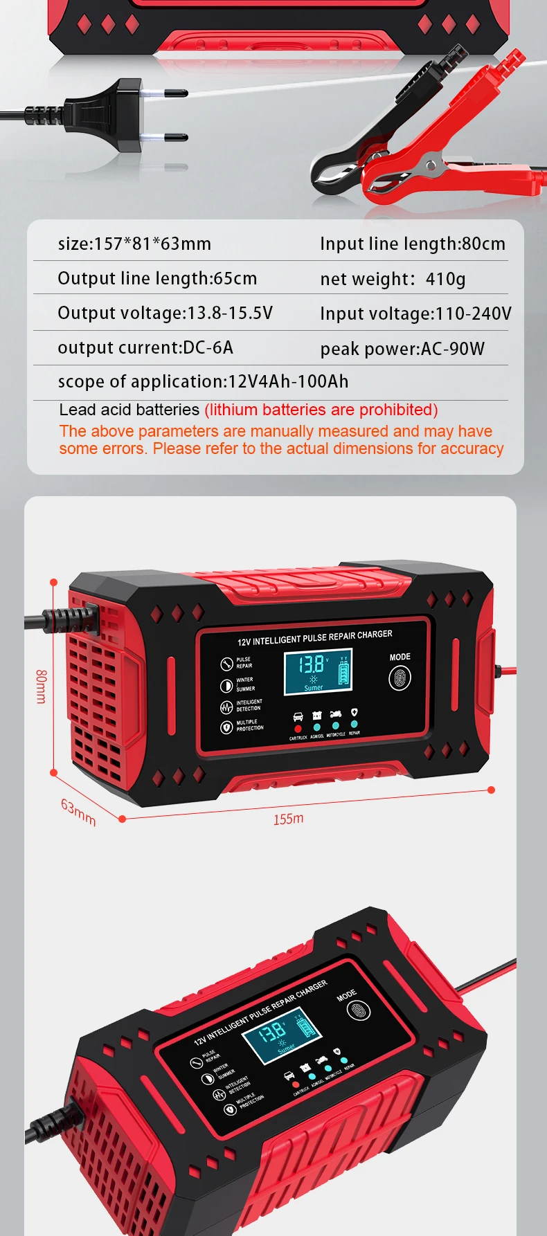 6A 12V Intelligent Car Battery Charger Car and Motorcycle Battery Charging Unit Lead-Acid Battery Repair LCD Display
