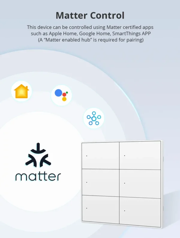 Zemismart Matter WiFi 1 2 3 4 6 Gangs Smart Wall Light Switch Neutral Required with Big Button SmartThings App Homekit Control