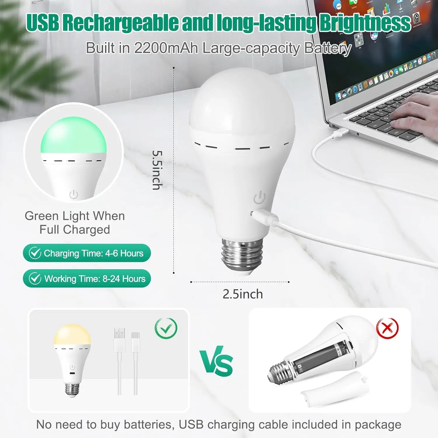 Rechargeable Light Bulbs with Remote Control, E27 Cordless Battery Operated Light Bulb for Lamps,2200mAh/Dimmable/Timer